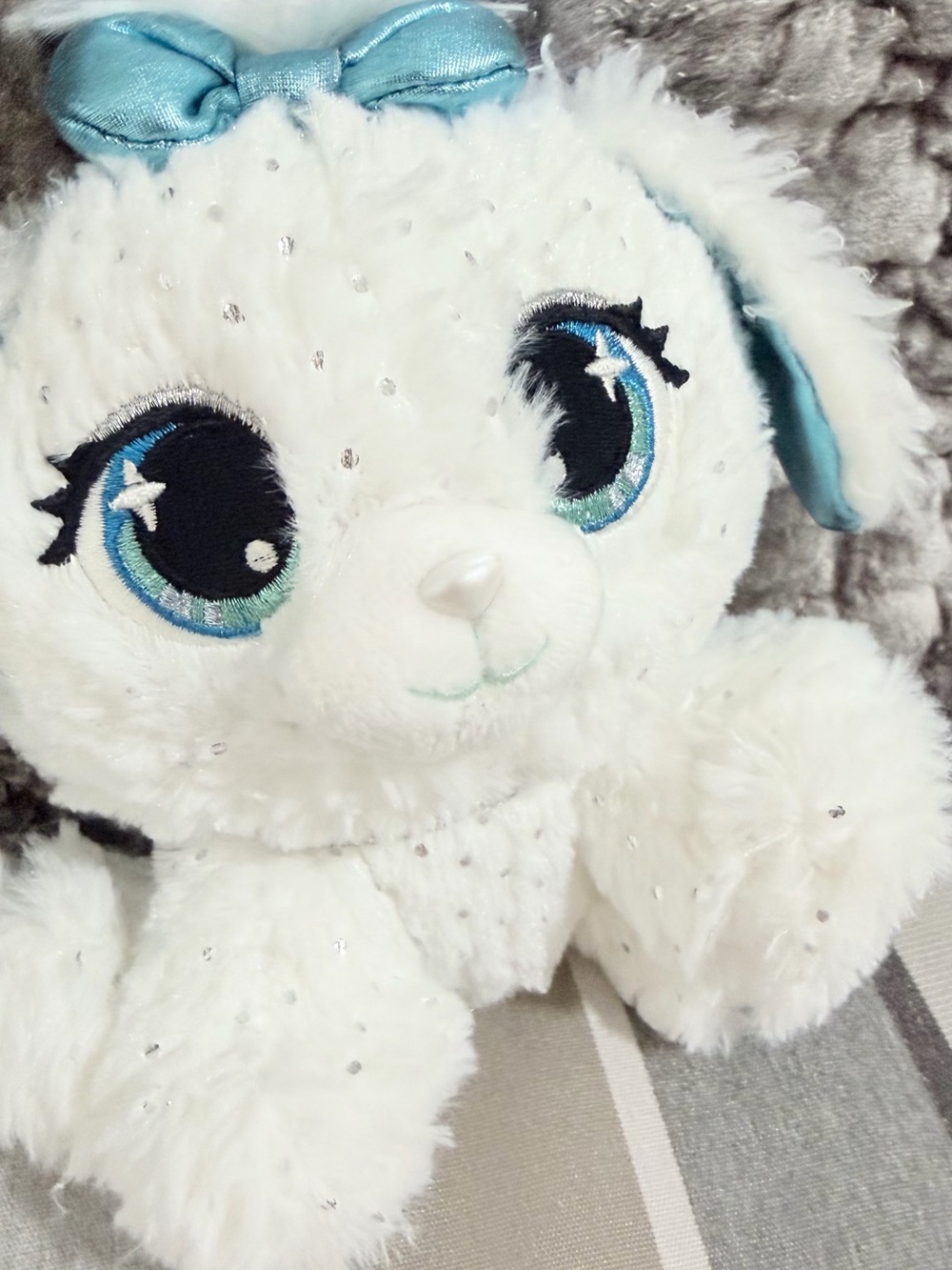 Sparkly White Plush Puppy with Blue Accent Bow